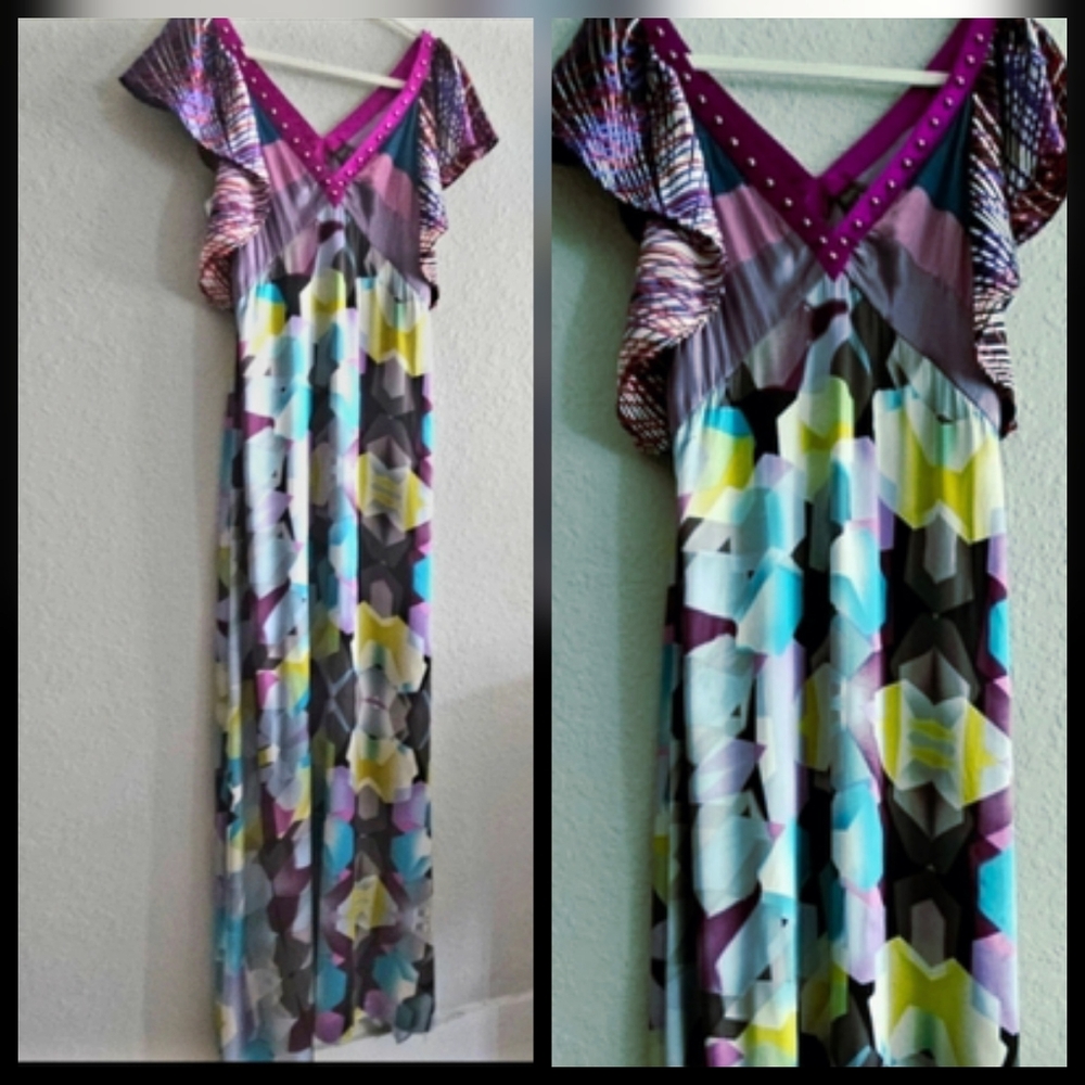 Custo Barcelona Purple Watercolor Silk Caftan Maxi Dress